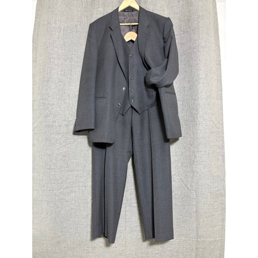 Vtg St Michael Men Pinstripe Suit 42R* 3 Piece Wool Gray Jacket Vest Pant 40x29